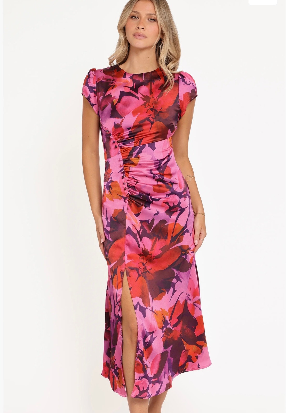 Petal & Pup Lisbeth Floral Cap Sleeve Satin Midi Dress